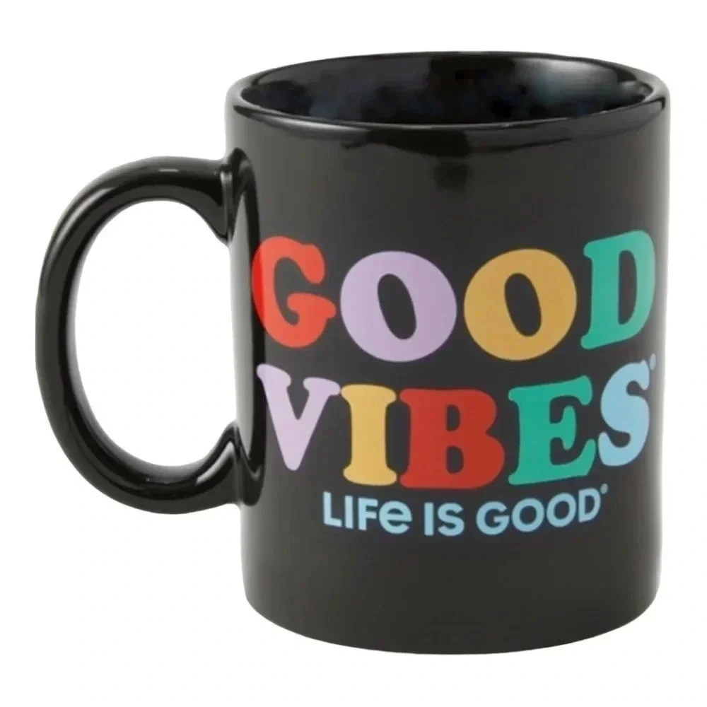Life Is Good Good Vibes Black Mug 16 oz Colorful Quote Ceramic Coffee Cup BNIB - Picture 4 of 10